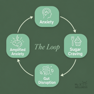 Circular infographic showing the anxiety-sugar-gut vicious cycle: anxiety leads to sugar craving, which causes gut disruption, which amplifies anxiety