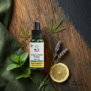 My X Wellness Extra Strong CBD CBG tincture bottle — 3000mg CBD and 1500mg CBG — styled flat-lay with botanicals on wood surface