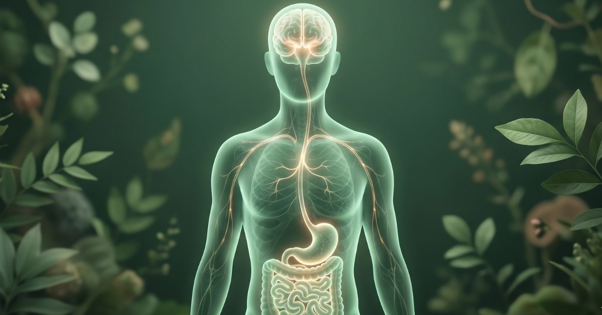 Glowing gut-brain connection showing the endocannabinoid system's role in digestive and nervous system health