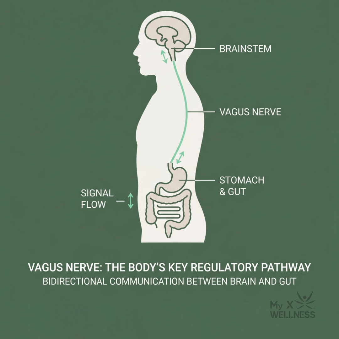 Diagram showing the vagus nerve running from the brainstem to the stomach and gut, with bidirectional signal flow